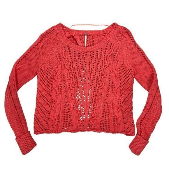 Free People Crossback Sweater Sz M Coral Open Chunky Cable Knit Bohemian Casual - Picture 1 of 16